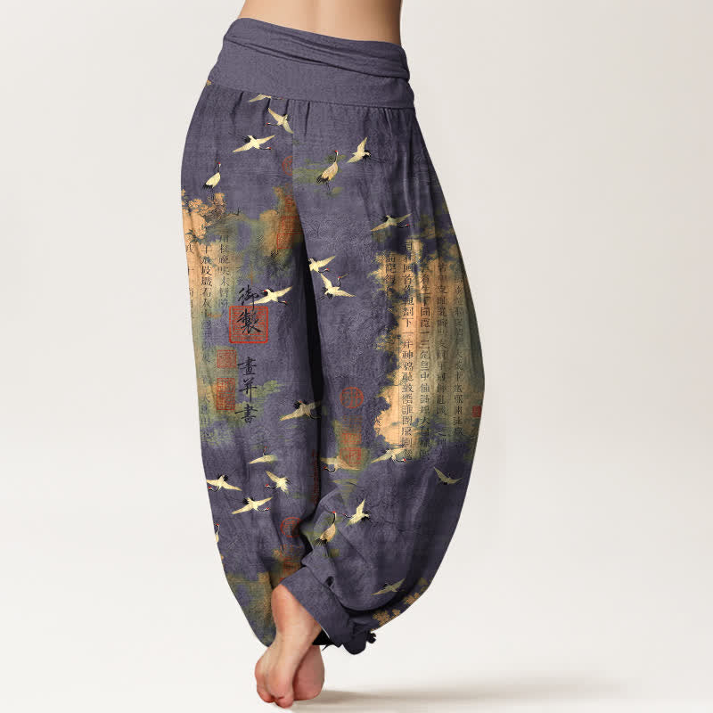 Buddha Stones Dames harembroek met elastische Taille en gouden kraanvogelmotief en kalligrafiepatroon. - image 10