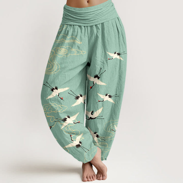 Buddha Stones Dames harembroek met elastische Taille en katoenen print van een vliegende kraanvogel - Middelgroot aquamarijn - US16, UK/AU20, EU48 (3XL) - image 0