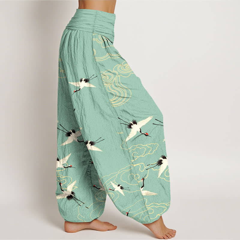 Buddha Stones Dames harembroek met elastische Taille en katoenen print van een vliegende kraanvogel - image 1