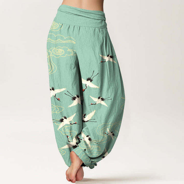 Buddha Stones Dames harembroek met elastische Taille en katoenen print van een vliegende kraanvogel - image 2