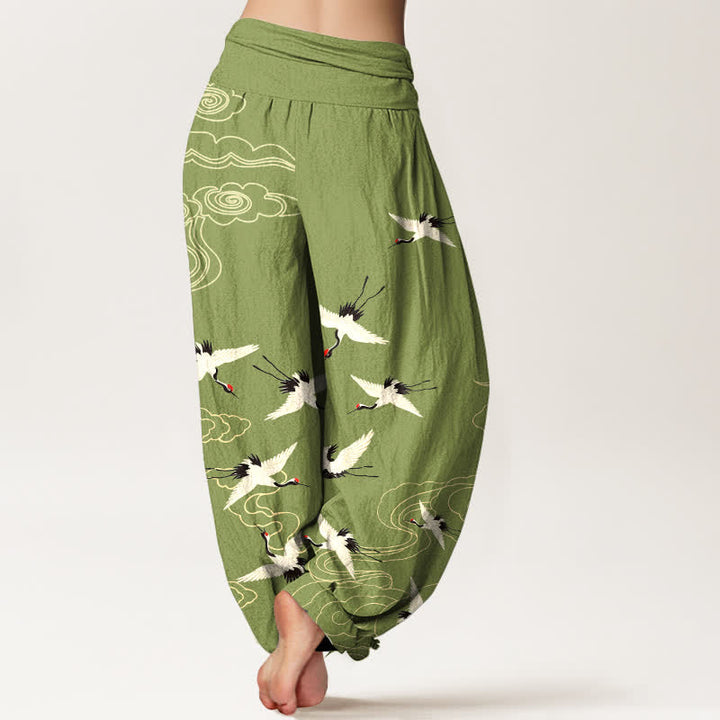 Buddha Stones Dames harembroek met elastische Taille en katoenen print van een vliegende kraanvogel - image 7