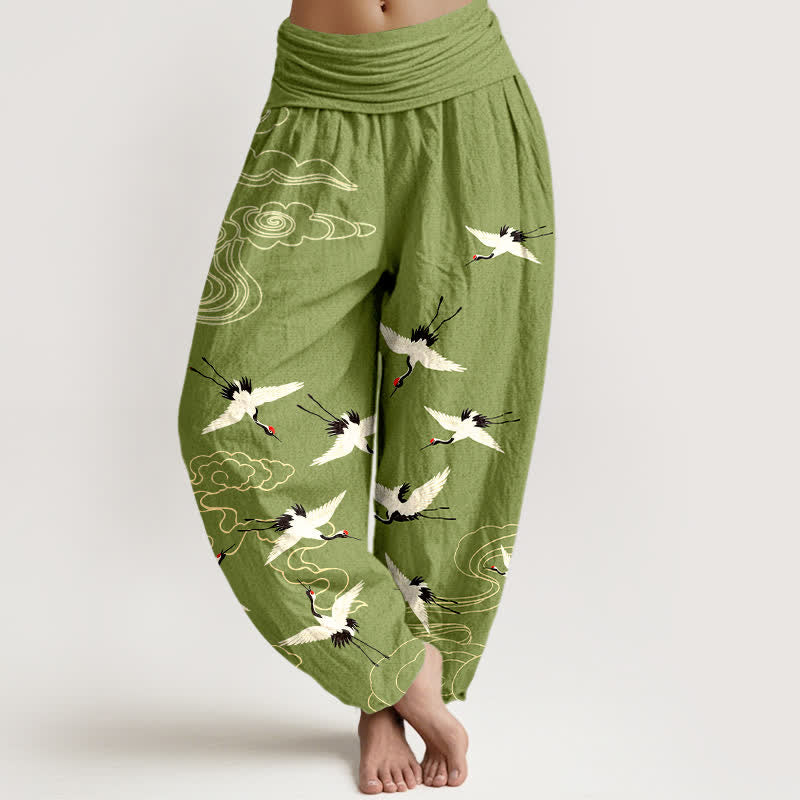 Buddha Stones Dames harembroek met elastische Taille en katoenen print van een vliegende kraanvogel - Olijfgroen - US16, UK/AU20, EU48 (3XL) - image 5