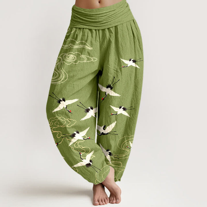 Buddha Stones Dames harembroek met elastische Taille en katoenen print van een vliegende kraanvogel - Olijfgroen - US16, UK/AU20, EU48 (3XL) - image 5