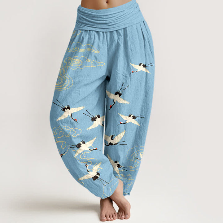 Buddha Stones Dames harembroek met elastische Taille en katoenen print van een vliegende kraanvogel - Hemelsblauw - US16, UK/AU20, EU48 (3XL) - image 8