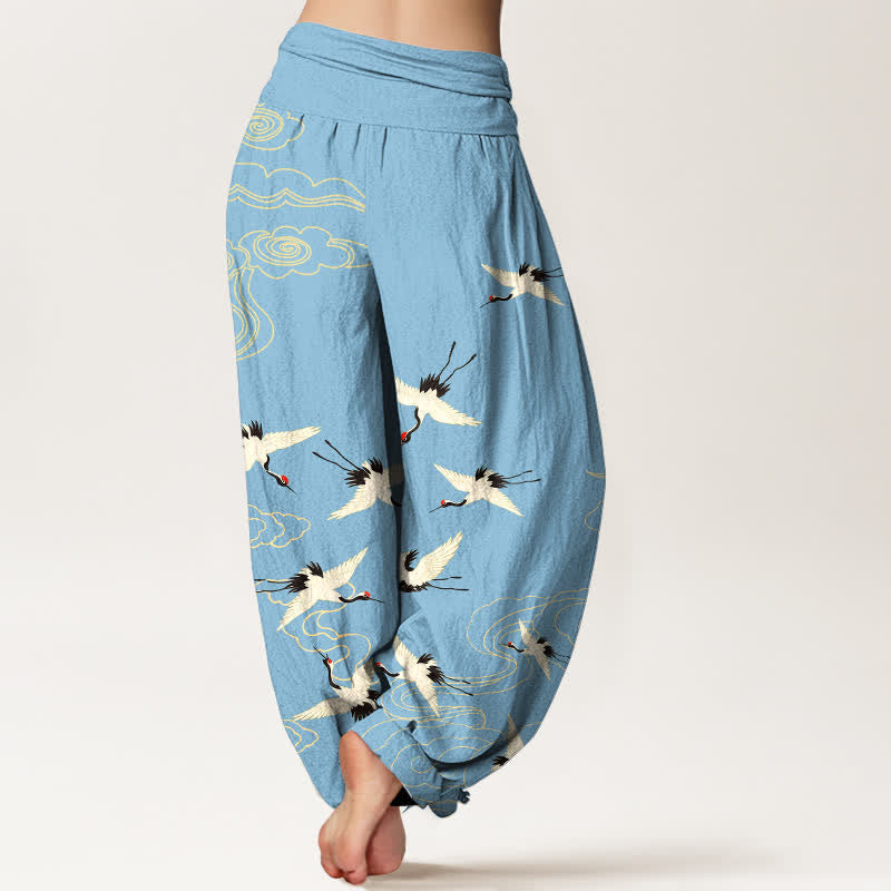 Buddha Stones Dames harembroek met elastische Taille en katoenen print van een vliegende kraanvogel - image 10
