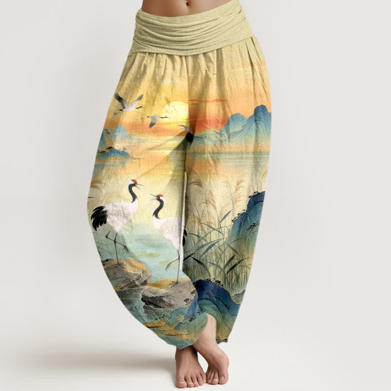 Buddha Stones Dames harembroek met elastische Taille en patroon van katoenen bergkraanvogels en zonsopgangmotief. - Citroenchiffon - US16, UK/AU20, EU48 (3XL) - image 0