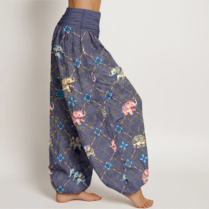 Buddha Stones Dames harembroek met elastische Taille en olifanten- en bloemenprint van katoen - image 1