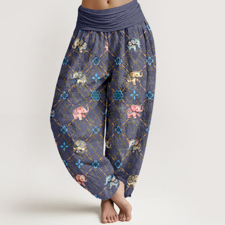 Buddha Stones Dames harembroek met elastische Taille en olifanten- en bloemenprint van katoen - Leisteenblauw - US16, UK/AU20, EU48 (3XL) - image 0