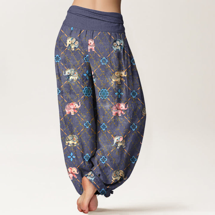 Buddha Stones Dames harembroek met elastische Taille en olifanten- en bloemenprint van katoen - image 2