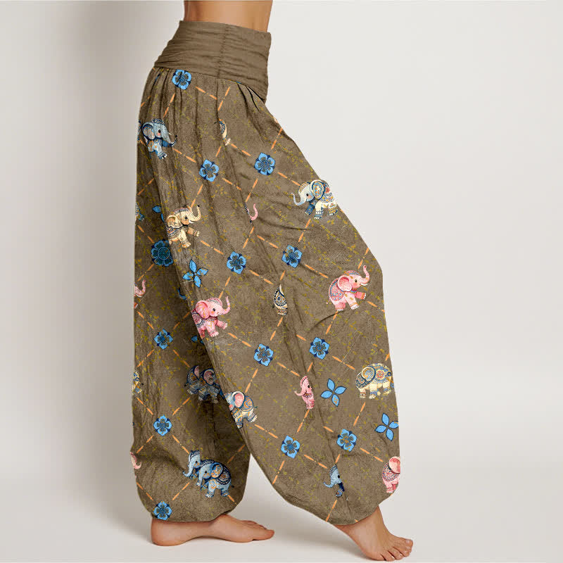 Buddha Stones Dames harembroek met elastische Taille en olifanten- en bloemenprint van katoen - image 6