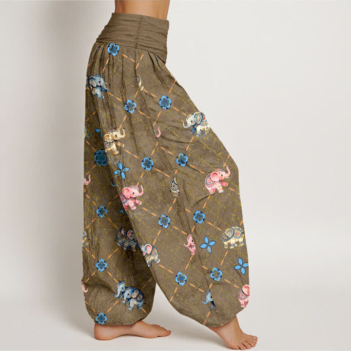 Buddha Stones Dames harembroek met elastische Taille en olifanten- en bloemenprint van katoen - image 6