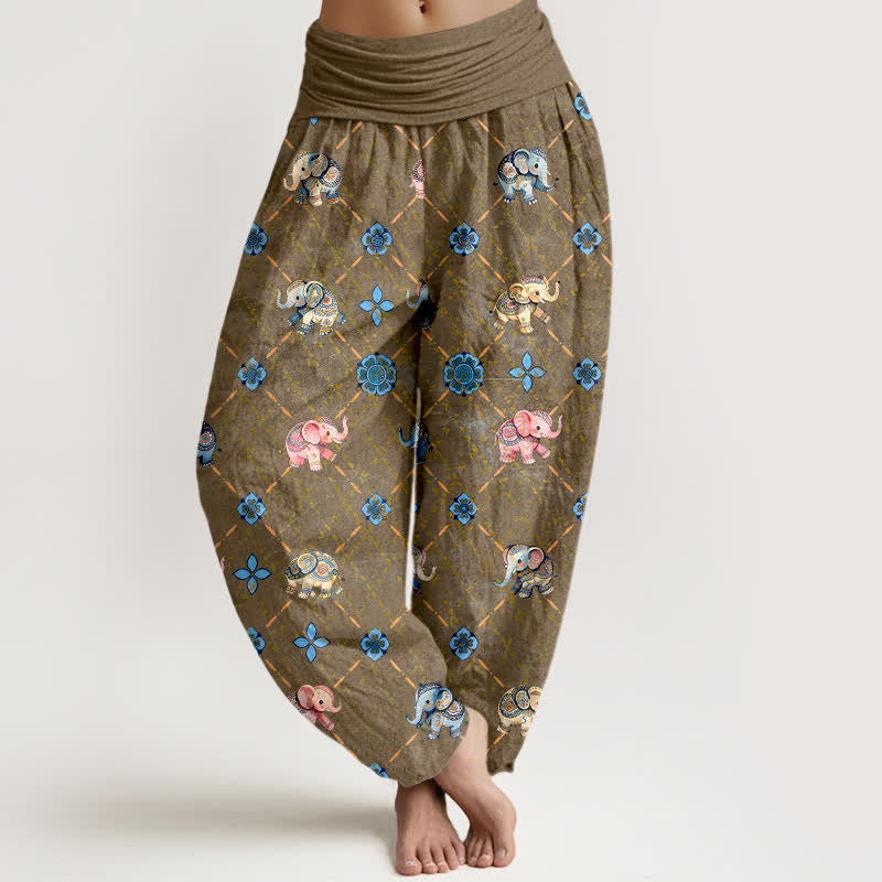 Buddha Stones Dames harembroek met elastische Taille en olifanten- en bloemenprint van katoen - Donkergoudenroede - US16, UK/AU20, EU48 (3XL) - image 5