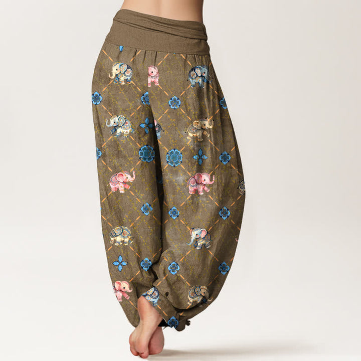 Buddha Stones Dames harembroek met elastische Taille en olifanten- en bloemenprint van katoen - image 7