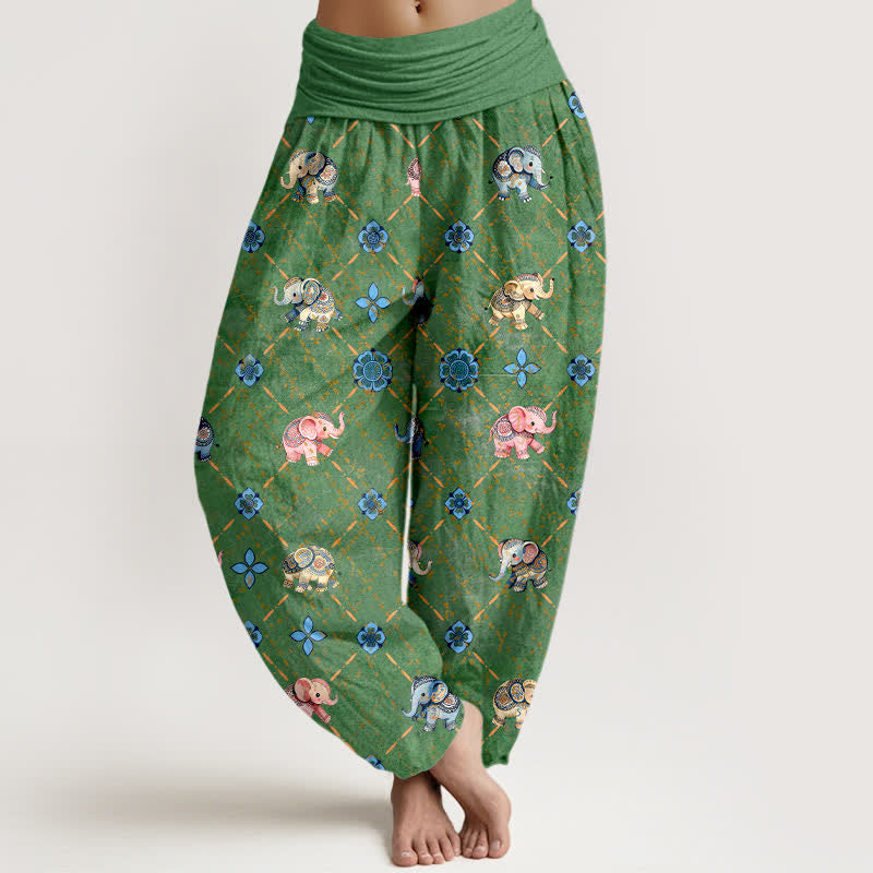 Buddha Stones Dames harembroek met elastische Taille en olifanten- en bloemenprint van katoen - Groente - US16, UK/AU20, EU48 (3XL) - image 8