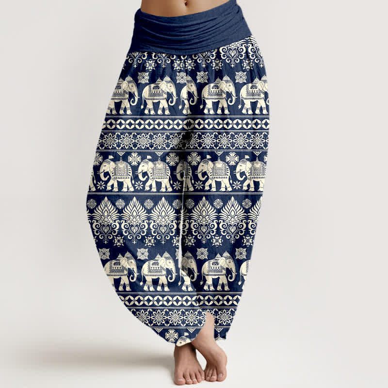 Buddha Stones Dames harembroek met elastische Taille en olifantenprint in tribale strepen - Marine - US16, UK/AU20, EU48 (3XL) - image 0