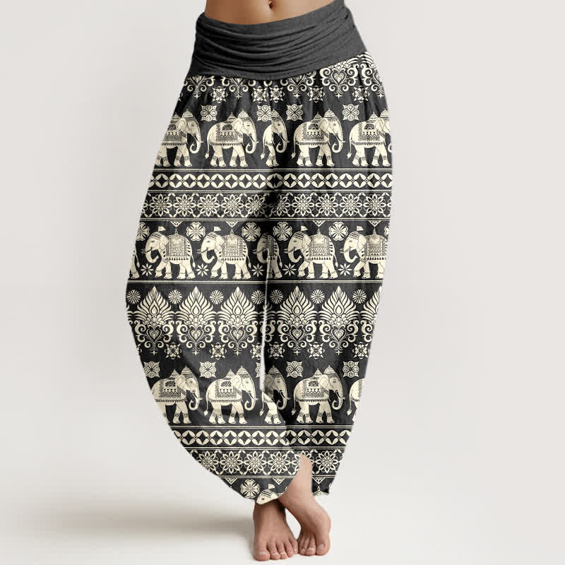 Buddha Stones Dames harembroek met elastische Taille en olifantenprint in tribale strepen - Donkergrijs - US16, UK/AU20, EU48 (3XL) - image 5