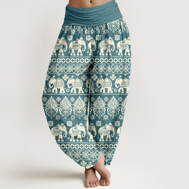 Buddha Stones Dames harembroek met elastische Taille en olifantenprint in tribale strepen - Teal - US16, UK/AU20, EU48 (3XL) - image 8