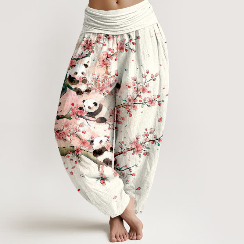 Buddha Stones Dames harembroek met elastische Taille en panda- en sakurabloesempatroon - Wit - US16, UK/AU20, EU48 (3XL) - image 0