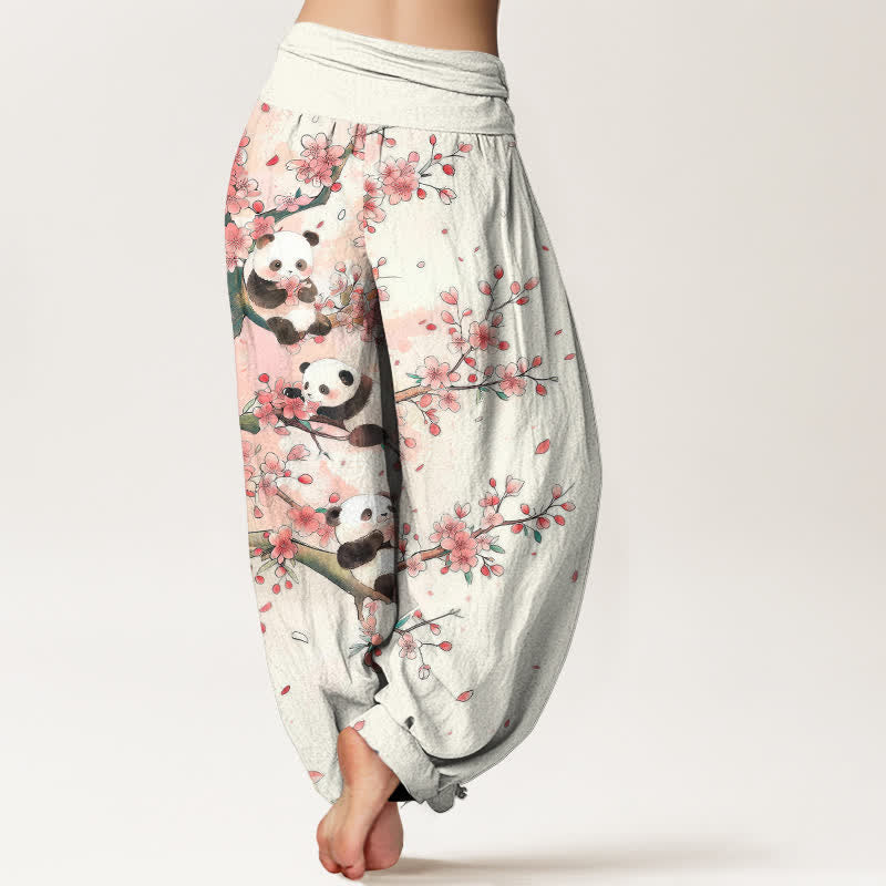 Buddha Stones Dames harembroek met elastische Taille en panda- en sakurabloesempatroon - image 2
