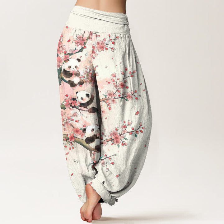 Buddha Stones Dames harembroek met elastische Taille en panda- en sakurabloesempatroon - image 2