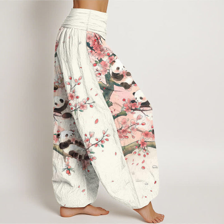 Buddha Stones Dames harembroek met elastische Taille en panda- en sakurabloesempatroon - image 1