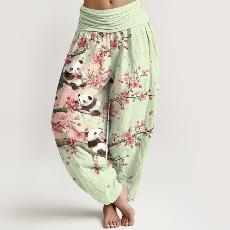 Buddha Stones Dames harembroek met elastische Taille en panda- en sakurabloesempatroon - Honingmeloen - US16, UK/AU20, EU48 (3XL) - image 5