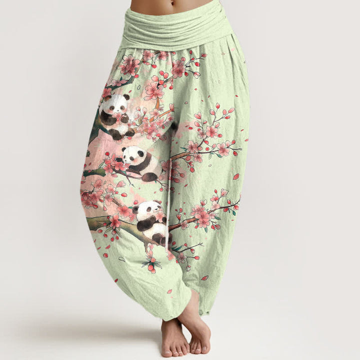 Buddha Stones Dames harembroek met elastische Taille en panda- en sakurabloesempatroon - Honingmeloen - US16, UK/AU20, EU48 (3XL) - image 5