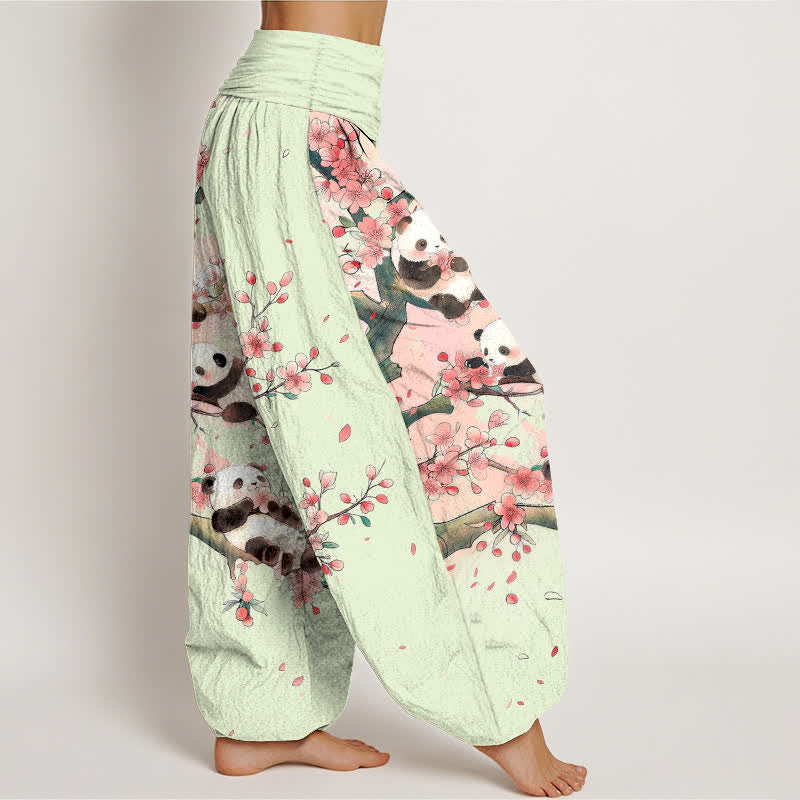 Buddha Stones Dames harembroek met elastische Taille en panda- en sakurabloesempatroon - image 6