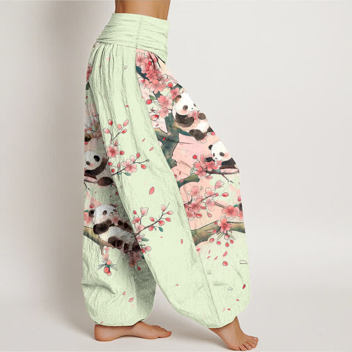 Buddha Stones Dames harembroek met elastische Taille en panda- en sakurabloesempatroon - image 6
