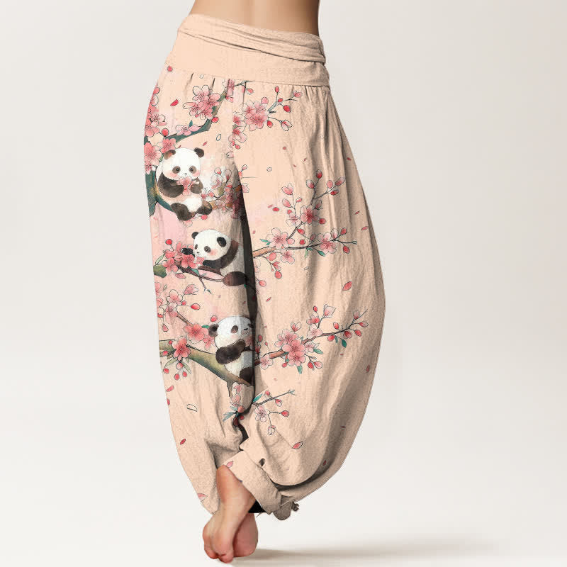 Buddha Stones Dames harembroek met elastische Taille en panda- en sakurabloesempatroon - image 10