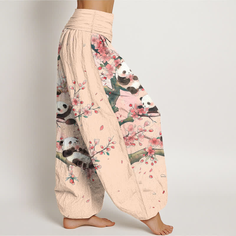 Buddha Stones Dames harembroek met elastische Taille en panda- en sakurabloesempatroon - image 9