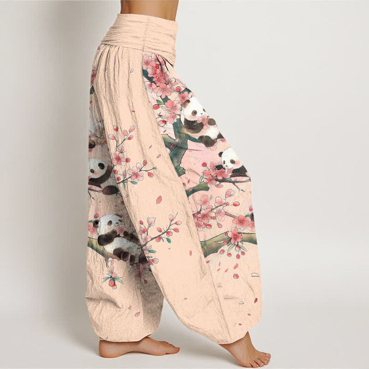 Buddha Stones Dames harembroek met elastische Taille en panda- en sakurabloesempatroon - image 9