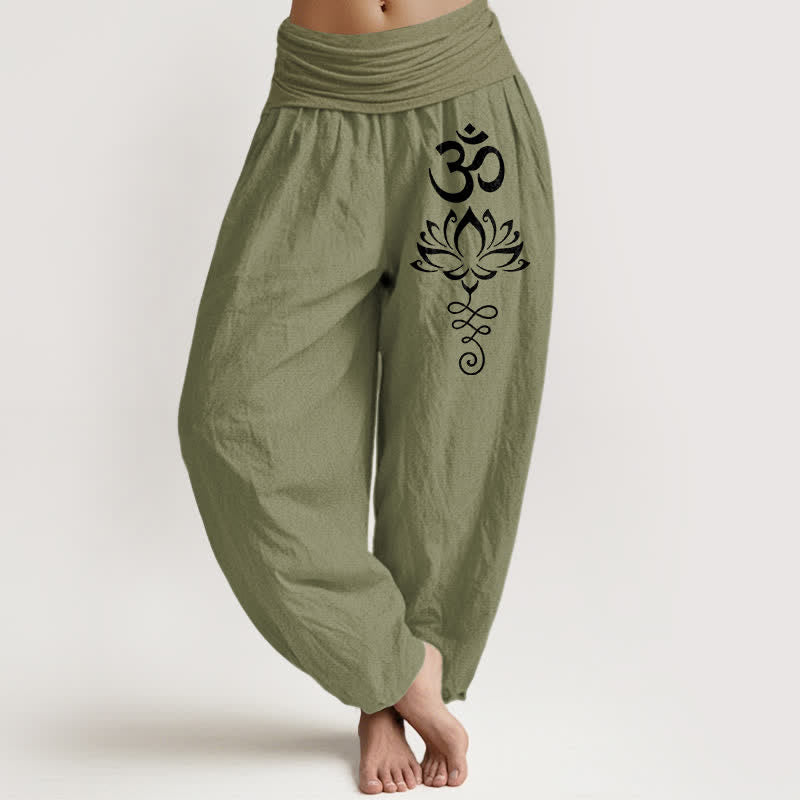 Buddha Stones Harembroek voor dames met elastische Taille en lotusmotief van 100% Cotton - Olijfgroen - US16, UK/AU20, EU48 (3XL) - image 14