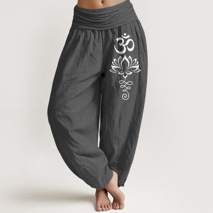 Buddha Stones Harembroek voor dames met elastische Taille en lotusmotief van 100% Cotton - Donkergrijs - US16, UK/AU20, EU48 (3XL) - image 8