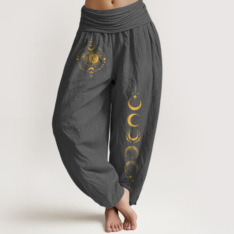 Buddha Stones Harembroek voor dames met elastische Taille en gouden maanfasepatroon , 100% Cotton - Donkergrijs - US16, UK/AU20, EU48 (3XL) - image 5