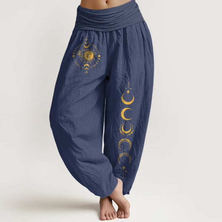 Buddha Stones Harembroek voor dames met elastische Taille en gouden maanfasepatroon , 100% Cotton - Donker leisteenblauw - US16, UK/AU20, EU48 (3XL) - image 8