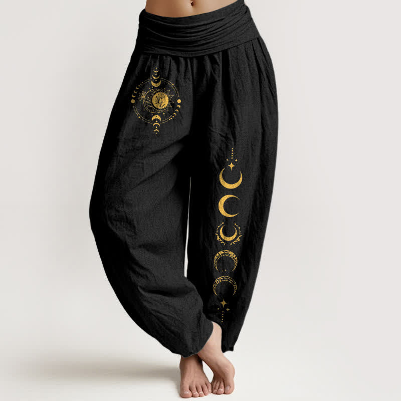 Buddha Stones Harembroek voor dames met elastische Taille en gouden maanfasepatroon , 100% Cotton - Zwart - US16, UK/AU20, EU48 (3XL) - image 0