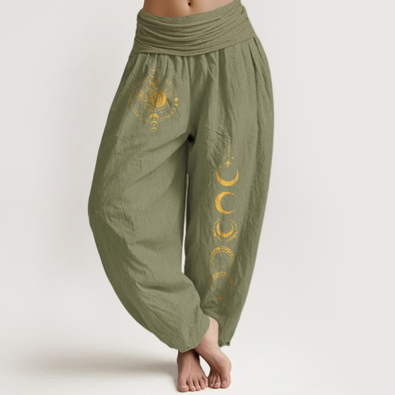 Buddha Stones Harembroek voor dames met elastische Taille en gouden maanfasepatroon , 100% Cotton - Olijfgroen - US16, UK/AU20, EU48 (3XL) - image 11