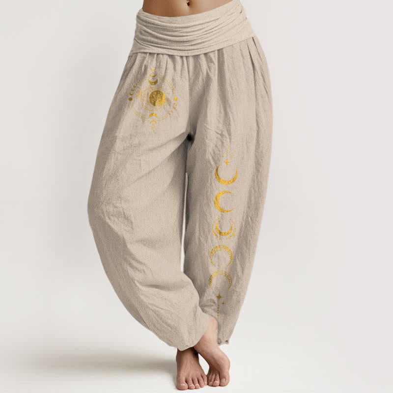 Buddha Stones Harembroek voor dames met elastische Taille en gouden maanfasepatroon , 100% Cotton - Bruinen - US16, UK/AU20, EU48 (3XL) - image 14