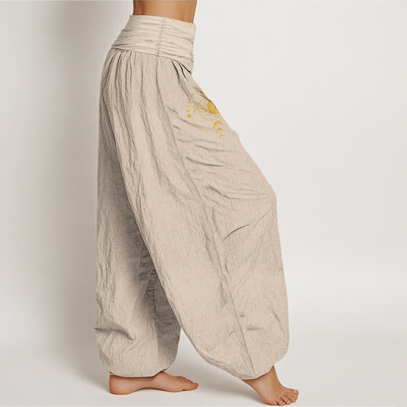 Buddha Stones Harembroek voor dames met elastische Taille en gouden maanfasepatroon , 100% Cotton - image 15