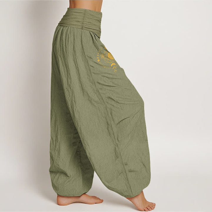 Buddha Stones Harembroek voor dames met elastische Taille en gouden maanfasepatroon , 100% Cotton - image 12