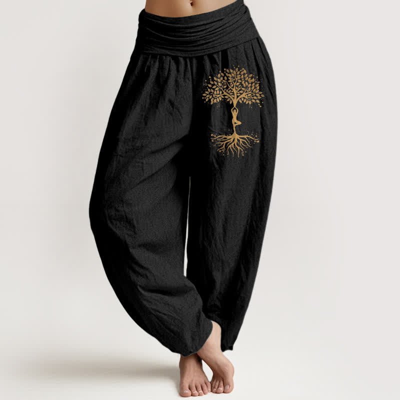 Buddha Stones Harembroek voor dames met elastische Taille en gouden levensboommotief van 100% Cotton - Zwart - US16, UK/AU20, EU48 (3XL) - image 0
