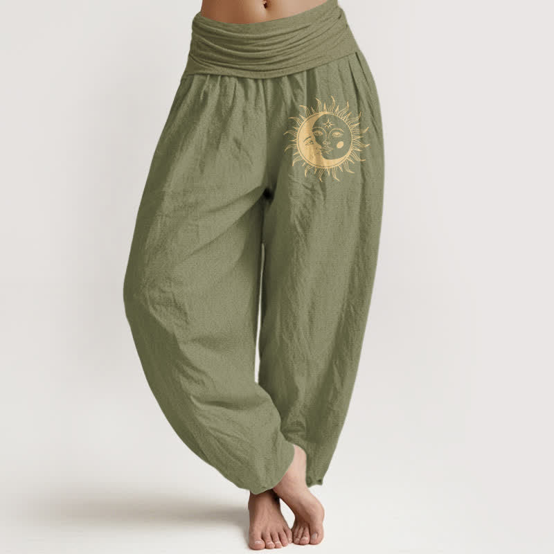 Buddha Stones Harembroek voor dames met elastische Taille en gouden zon- en maanpatroon van 100% Cotton - Olijfgroen - US16, UK/AU20, EU48 (3XL) - image 11