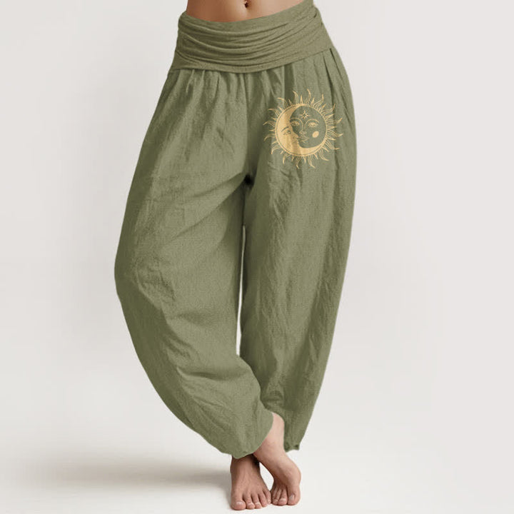Buddha Stones Harembroek voor dames met elastische Taille en gouden zon- en maanpatroon van 100% Cotton - Olijfgroen - US16, UK/AU20, EU48 (3XL) - image 11