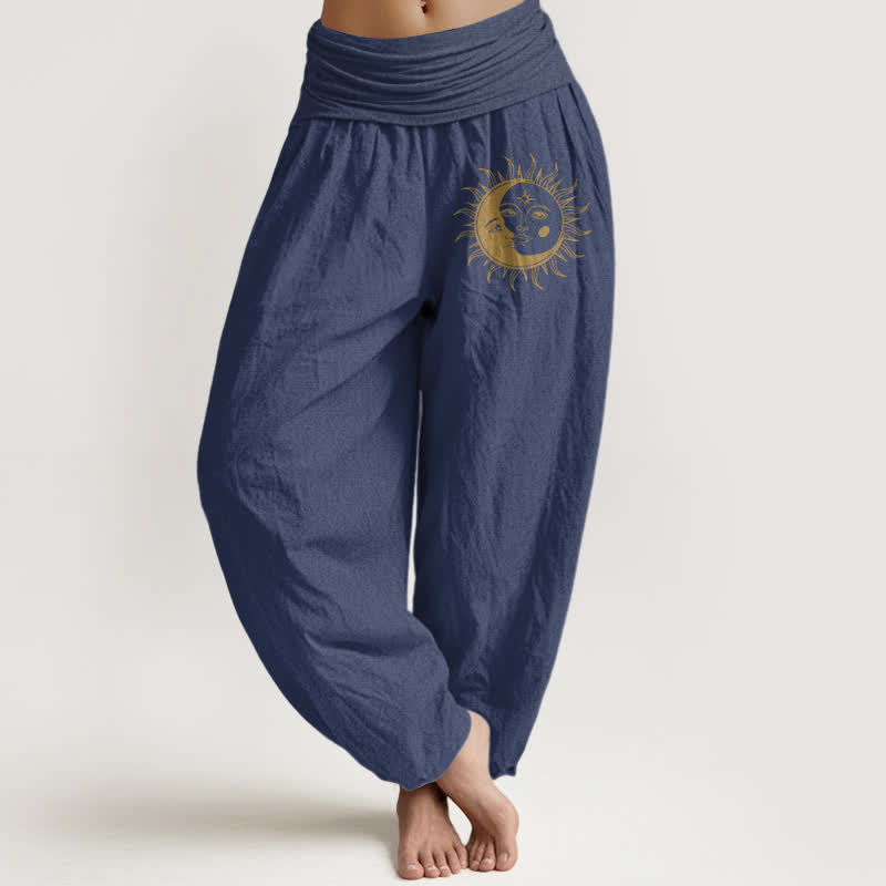 Buddha Stones Harembroek voor dames met elastische Taille en gouden zon- en maanpatroon van 100% Cotton - Donker leisteenblauw - US16, UK/AU20, EU48 (3XL) - image 8