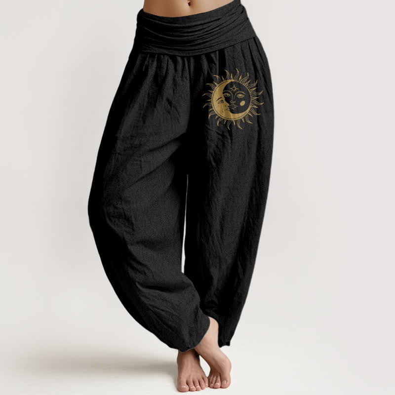 Buddha Stones Harembroek voor dames met elastische Taille en gouden zon- en maanpatroon van 100% Cotton - Zwart - US16, UK/AU20, EU48 (3XL) - image 0