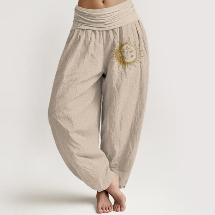 Buddha Stones Harembroek voor dames met elastische Taille en gouden zon- en maanpatroon van 100% Cotton - Bruinen - US16, UK/AU20, EU48 (3XL) - image 14
