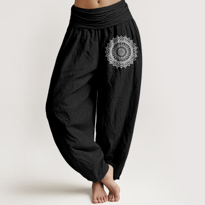 Buddha Stones Harembroek voor dames met elastische Taille en mandala-patroon van 100% Cotton - Zwart - US16, UK/AU20, EU48 (3XL) - image 5