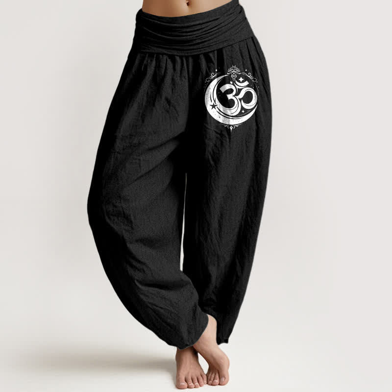 Buddha Stones Harembroek voor dames met elastische Taille en heilig Om-patroon van 100% Cotton - Zwart - US16, UK/AU20, EU48 (3XL) - image 5