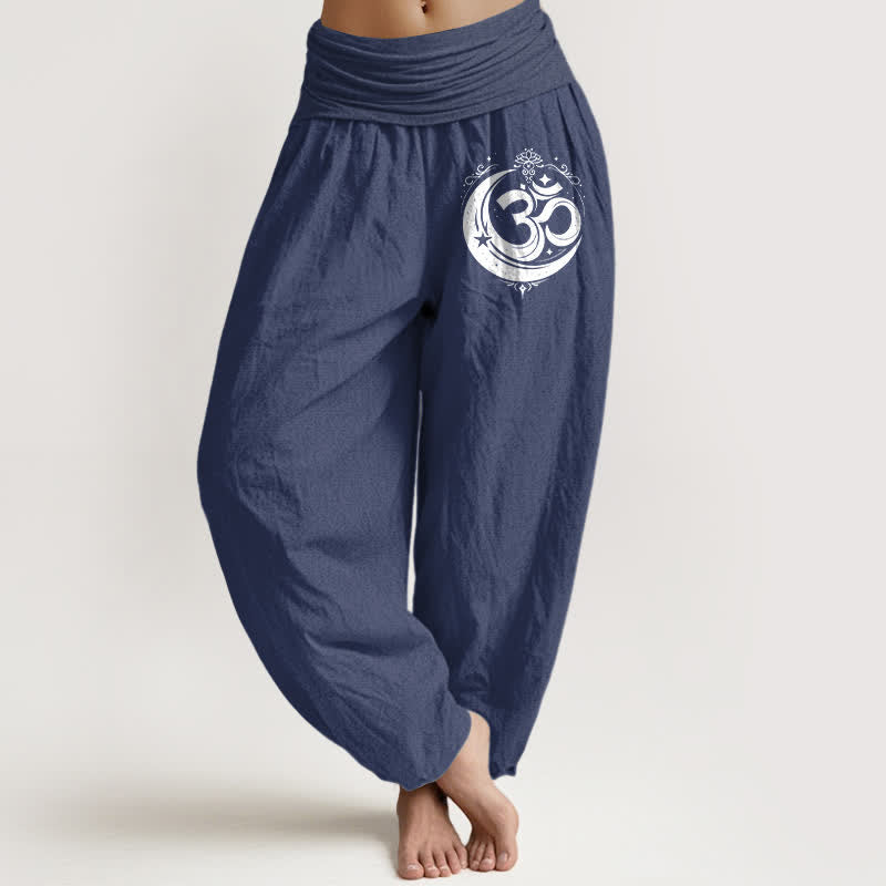 Buddha Stones Harembroek voor dames met elastische Taille en heilig Om-patroon van 100% Cotton - Donker leisteenblauw - US16, UK/AU20, EU48 (3XL) - image 8